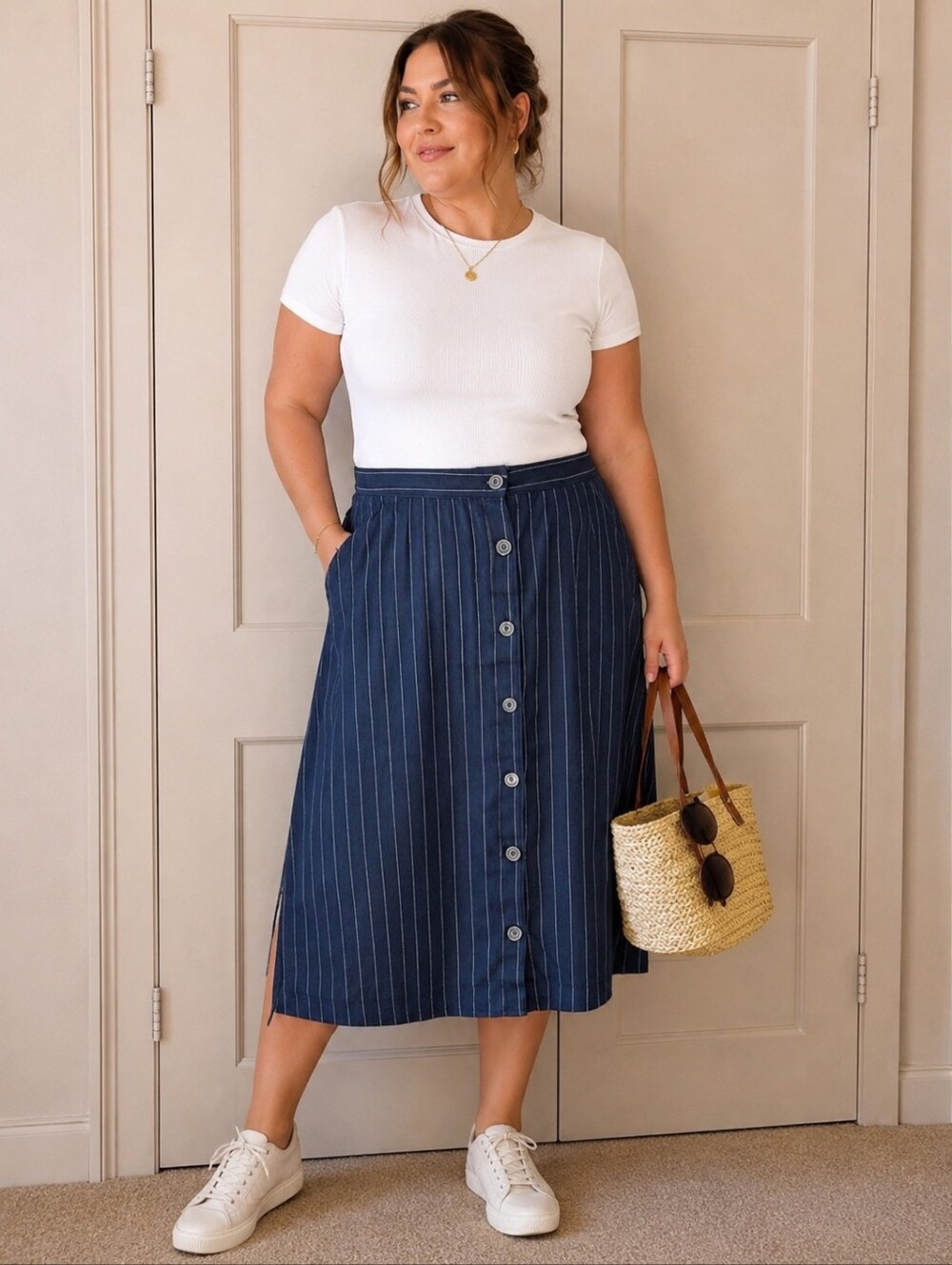 Mango Classic Navy Pinstripe Button Front Midi Skirt Med 100% Cotton Coastal